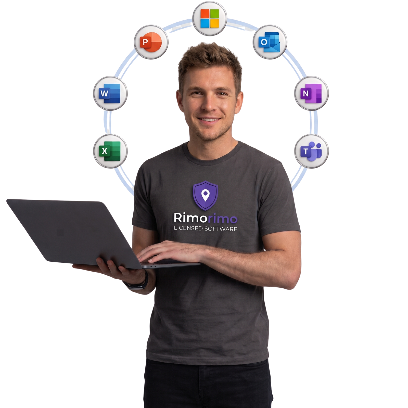Rimorimo customer using licensed Microsoft Word, Excel, PowerPoint, Outlook, OneNote, and Teams